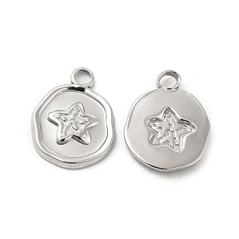 304 Stainless Steel Pendants, Flat Round with Starfish Charm, Stainless Steel Color, 16.2x13x2mm, Hole: 2mm