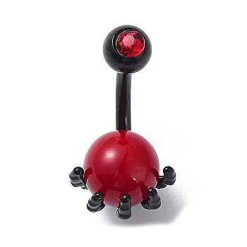 Red PVC Round Beaded Claw Dangle Belly Ring with Rhinestone, Alloy Piercing Jewelry with 304 Stainless Steel Pins for Women, Electrophoresis Black, 19x11mm
