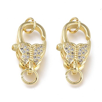 Brass Micro Pave Clear Cubic Zirconia Lobster Claw Clasps, with Jump Rings, Long-Lasting Plated, Butterfly, Real 18K Gold Plated, 16x9.5x6mm, Hole: 3.5mm