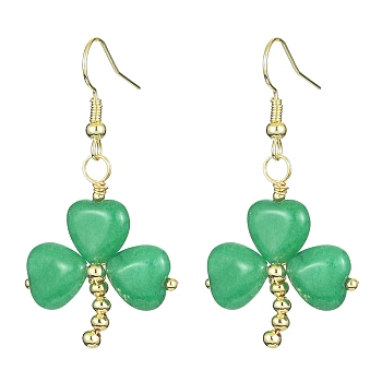 Saint Patrick's Day Clover Natural Malaysia Jade Dangle Earrings, Brass Earrings, 45.5~46.5x25~25.5mm