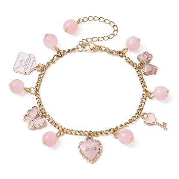 Valentine's Day Alloy Enamel & Resin Charm Bracelet, Heart & Rose & Lip Bracelets with 304 Stainless Steel Chains, Pink, 7-3/8 inch(18.7cm), Chain Extender: 64mm