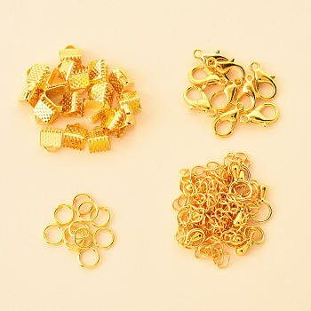 50 Pieces DIY Ribbon Ends Making Kits, Including Iron Ribbon Crimp Ends & Unsoldered Jump Rings, Zinc Alloy Lobster Claw Clasps, Brass Chain Extenders, Golden, 6x7mm