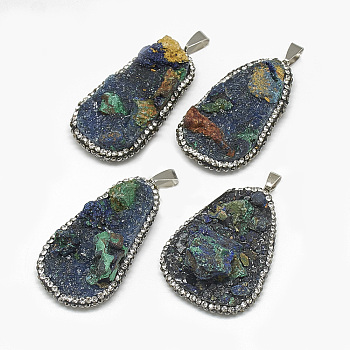 Natural Azurite Big Pendants, with Rhinestone and Brass Finding, Nuggets, Platinum, 52~58x32~42x15~25mm, Hole: 9x6mm