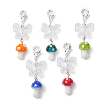 Mushroom Handmade Lampwork & Acrylic Butterfly Pendant Decorations, with Alloy Lobster Claw Clasps, Mixed Color, 58.5mm