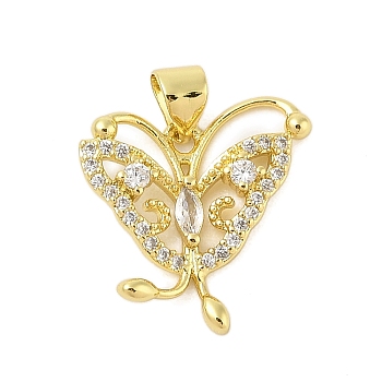 Butterfly Rack Plating Brass Micro Pave Cubic Zirconia Pendants, Long-Lasting Plated, Lead Free & Cadmium Free, Real 18K Gold Plated, 18x18x4mm, Hole: 3.5x5mm