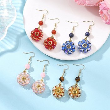 Glass Seed Beads Dangle Earrings, Round, Natural Mixed Stone Round Beads Dangle Earrings for Women, Golden, Mixed Color, 62x22mm, 4pairs/set