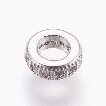 Brass Micro Pave Cubic Zirconia Beads, Lead Free & Cadmium Free, Flat Round, Clear, Platinum, 6x2mm, Hole: 3mm