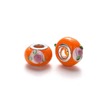Handmade Lampwork European Beads, Bumpy, Large Hole Rondelle Beads, with Platinum Tone Brass Double Cores, with Flower Pattern, Dark Orange, 14~16x9~10mm, Hole: 5mm