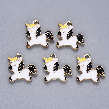 Alloy Enamel Pendants, Unicorn, Light Gold, Black, 18x18x1.5mm, Hole: 2mm