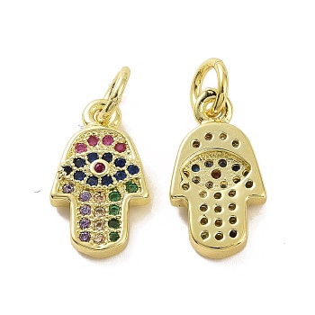 Brass Micro Pave Cubic Zirconia Charms, Real 18K Gold Plated, with Jump Ring, Hamsa Hand/Hand of Fatima/Hand of Miriam with Eye , Colorful, 13.5x8x2.5mm, Jump Ring: 5x0.8mm, Inner Diameter: 3.2mm