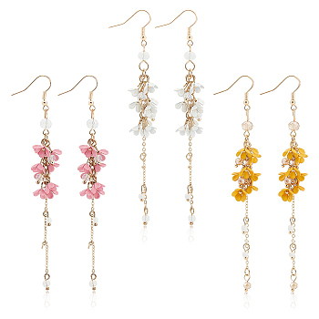 3 Pairs 3 Colors Alloy Flower Tassel Dangle Earrings for Women, Mixed Color, 112.5mm, Pin: 0.6mm, 1 Pair/color