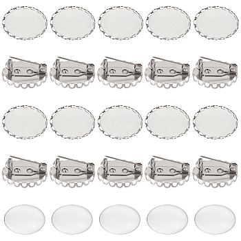 Unicraftale 30 Sets Blank Dome Glass Oval Brooch, 304 Stainless Steel Lapel Pin for Backpack Clothes, Stainless Steel Color, 20x14x10mm