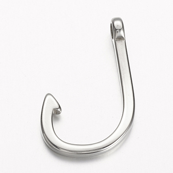304 Stainless Steel Hook Clasps, Fish Hook Charms, Stainless Steel Color, 39x23.5x6.5mm, Hole: 4mm