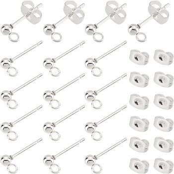 60Pcs 304 Stainless Steel Ball Stud Earrings Post, with Loop and Ear Nuts, Round, Silver, 15x5.5mm, Hole: 1.6mm, Pin: 0.7mm