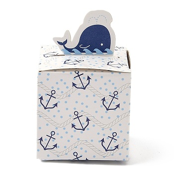 Paper Gift Box, Folding Boxes, Decorative Gift Box for Weddings, Candy, Square with Dolphin Pattern, Blue, Fold: 5.35x5.35x8.4cm, Unfold: 15.5x10.5x0.1cm