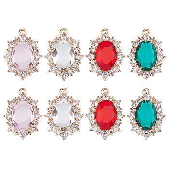 8Pcs 4 Colors Brass Micro Pave Cubic Zirconia Pendants, with Glass Rhinestone, Oval, Mixed Color, 24x17.5x9mm, Hole: 1.6mm, 2pcs/color