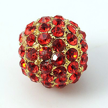 Alloy Rhinestone Beads, Grade A, Round, Golden Metal Color, Light Siam, 12mm