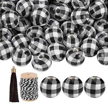 50Pcs Natural Wooden Beads with Tartan Pattern, 10Pcs Polyester Tassel Big Pendant Decorations, 1 Roll Cotton String Threads, for DIY Jewelry Finding Kits, Black, 16mm, Hole: 4mm, 50pcs/bag