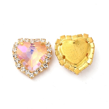 Moonlight Effect Heart Sew on Rhinestone, Multi-strand Links, with Golden Tone Brass Prong Settings, Garments Accessories, Light Rose, 17x16x6mm, Hole: 1.2mm