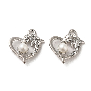 Alloy with Crystal Rhinestone Pendants, with Resin Imitation Pearl, Heart with Dolphin Charms, Platinum, 19.5x18x8.5mm, Hole: 1.8mm