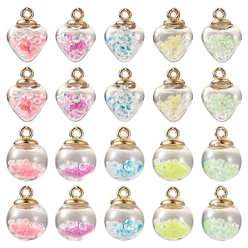 50Pcs 10 Styles Glow in the Dark Luminous Glass Globe Pendants, with Glass Rhinestone Inside and Golden Pendant Bails, Round & Heart Charms, Mixed Color, 20~22x15~16x9~16mm, Hole: 2~2.5mm, 5Pcs/style