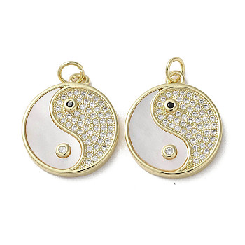 Brass Micro Pave Cubic Zirconia Pendants, with Shell, Yin-yang, Real 18K Gold Plated, 20x18x2.5mm, Hole: 3mm