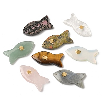 Natural & Synthetic Mixed Gemstone Pendants, Fish Charms with Golden Tone 304 Stainless Steel Sun Slices, 39~41x18.8~19.5x7~7.5mm, Hole: 1.2mm