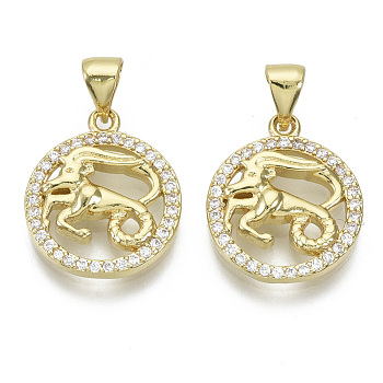 Brass Micro Pave Cubic Zirconia Pendants, Nickel Free, with Snap on Bail, Flat Round with Constellation, Clear, Real 18K Gold Plated, Capricorn: 17.5x15x3mm, Hole: 4x3mm