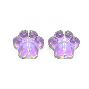Electroplate Transparent Glass Beads, Half Plated, Dog Paw Prints, Medium Orchid, 13.5x13.5x4.5mm, Hole: 1mm