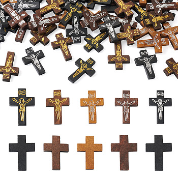 100Pcs 5 Colors Printed Wooden Pendants, Crucifix Cross, For Easter, Dyed, Mixed Color, 32.5~33.5x21~22x4.5mm, Hole: 2mm, 20pcs/color