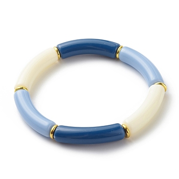 Imitation Jade Acrylic Curved Tube Beaded Stretch Bracelet for Women, Sky Blue, Inner Diameter: 2-1/8 inch(5.3cm)