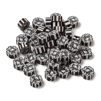 Handmade Polymer Clay Beads, Round with Yin-Yang, Black, 9.5x4.5mm, Hole: 1.6mm