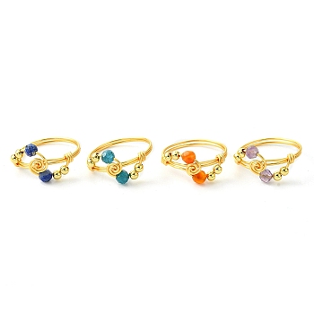 4Pcs 4 Style Natural Mixed Gemstones Braided Finger Rings, Golden Copper Wire Wrapped Rings, Inner Diameter: 18.1~18.5mm, 1Pc/style