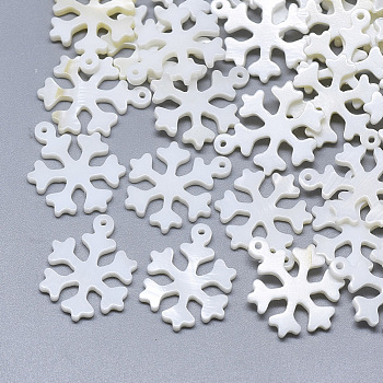 Freshwater Shell Pendants, Carved Snowflake, For Christmas, Seashell Color, 20x15x2mm, Hole: 1mm