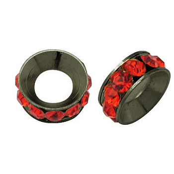 Brass Rhinestone Spacer Beads, Grade A, Rondelle, Gunmetal, Light Siam, about 9mm in diameter, 4mm thick, hole: 4mm