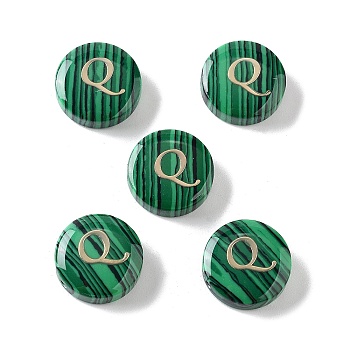 Synthetic Malachite Beads, with Golden Tone Brass Slices, Flat Round with Letter, Letter Q, 15x5mm, Hole: 1.4mm