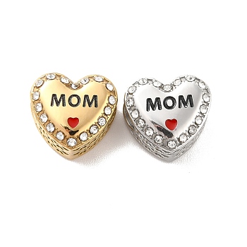 304 Stainless Steel European Beads, Large Hole Beads, with Rhinestone and Enamel, Heart with Word Mom, Mixed Color, 11.5x12.5x8.2mm, Hole: 4.2mm