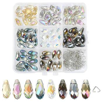 80Pcs 8 Colors Electroplate Transparent Glass Beads, Faceted, Teardrop, Top Drilled, with 100Pcs Brass Triangle Linking Ring, Mixed Color, 13x7x7mm, Hole: 1mm