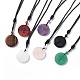 Natural Gemstone Flat Round with Tree of Life Pendant Necklace with Nylon Cord for Women(NJEW-P274-03)-1