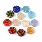 Baking Paint and Golden Metal Enlaced Glass Beads, Flat Round with Bird, Mixed Color, 14~14.5x6.5mm, Hole: 0.5~1.2mm(DGLA-T004-30M)