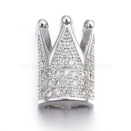 Brass Micro Pave Cubic Zirconia Slide Charms, Long-Lasting Plated, Cadmium Free & Nickel Free & Lead Free, Crown, Clear, Real Platinum Plated, 13x8.5x7mm, Hole: 1.5x10.5mm(ZIRC-G147-33P-NR)