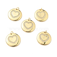 Brass Micro Pave Cubic Zirconia Pendants, with Jump Ring, Real 18K Gold Plated, Long-Lasting Plated, Lead Free & Cadmium Free & Nickel Free, Flat Round with Heart, Clear, 22x2mm, Jump Ring: 5x1mm, 3mm Inner Diameter(KK-E015-25G)