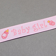 Baby Shower Ornaments Decorations Word Baby Girl Printed Polyester Grosgrain Ribbons, Pink, 5/8 inch(16mm), about 20yards/roll(18.29m/roll)(OCOR-S023-04)
