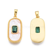 Synthetic White Shell Pendants, with Brass Green Cubic Zirconia Findings, Oval Charm, Real 18K Gold Plated, 23x11.5x2.8mm, Hole: 4x2mm(KK-A165-16G)