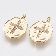 Brass Charms, with Micro Pave Cubic Zirconia, Oval with Cross, Clear, Nickel Free, Real 18K Gold Plated, 14x10x1.5mm, Hole: 1.4mm(KK-Q750-041G)