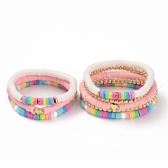 Synthetic Hematite & Polymer Clay Heishi Stretch Bracelets Set with Heart Brass Beads for Mother and Kids, Mixed Color, Inner Diameter: 2~2 1/4 inch(5.2~5.7cm), 6pcs/set(BJEW-JB07429)