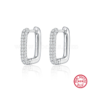 Oval Rhodium Plated 925 Sterling Silver with Rhinestone Hoop Earrings, with 925 Stamp, Platinum, 19x15mm(IL6021-2)