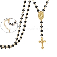 Glass Rosary Bead Necklace, Golden Brass Cross & Jesus Pendant Necklace, Black, 19.69 inch(50cm)(WG16378-03)