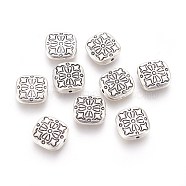 Tibetan Style Alloy Beads, Lead Free & Cadmium Free, Square with Flower, Antique Silver, 10.5x10.5x3.5mm, Hole: 1.5mm(LF10885Y)