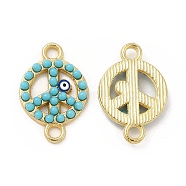 Alloy Enamel Connector Charms, with Synthetic Turquoise, Peace Sign Links with Blue Evil Eye, Golden, Nickel, Turquoise, 19x12x2.5mm, Hole: 2mm(FIND-H039-11G-B)